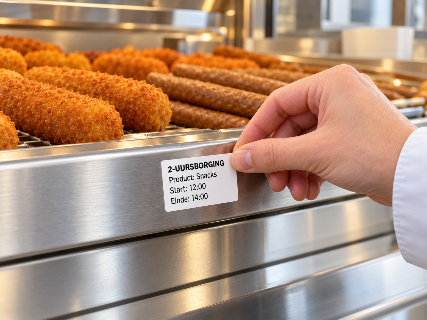 Voorbeeld van een 2-uursborgingsticker met begin- en eindtijd bij een bak met snacks