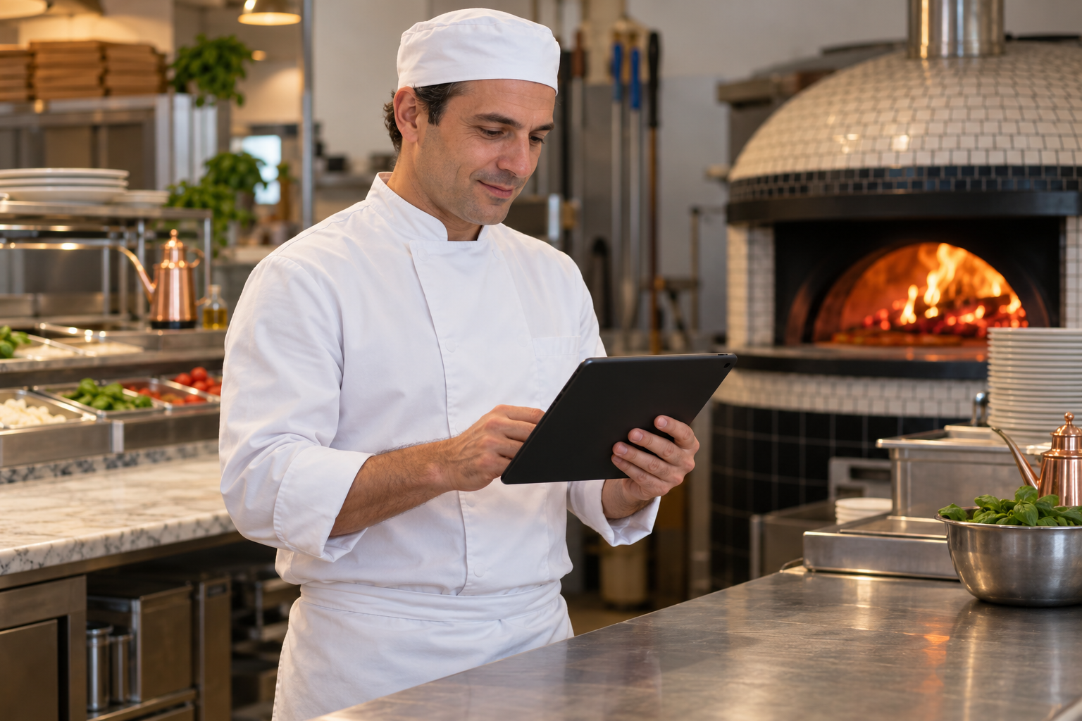Pizzabakker gebruikt een tablet voor digitale HACCP-registratie in zijn keuken