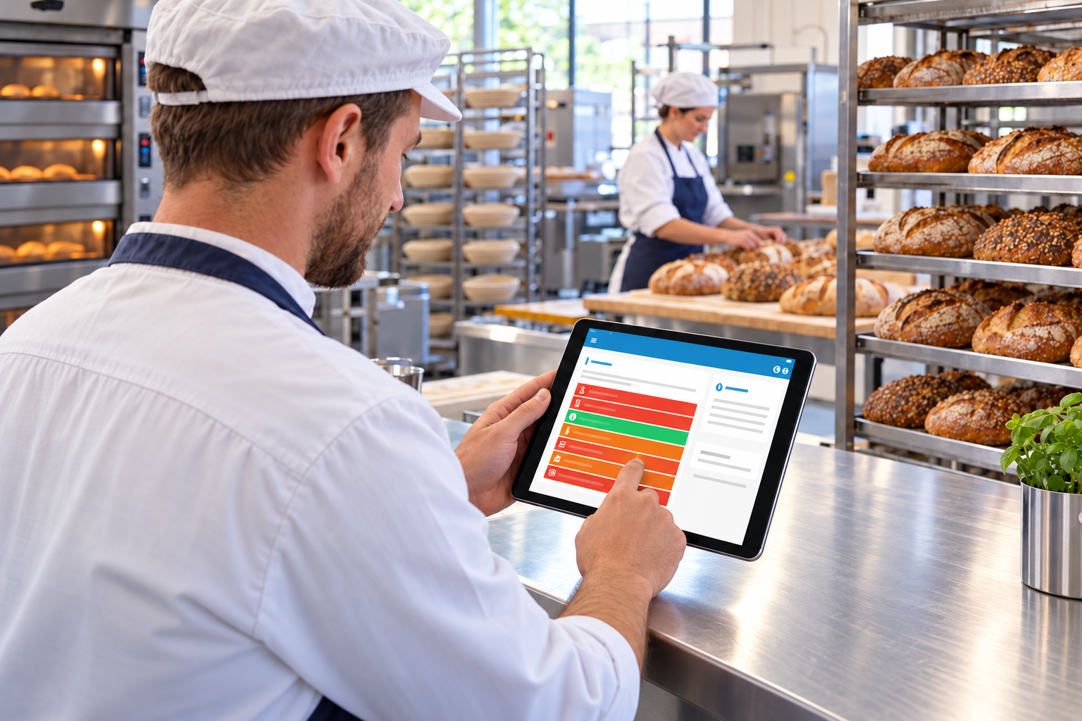Bakker gebruikt HygiëneCode Online op een tablet terwijl een collega in de bakkerij werkt