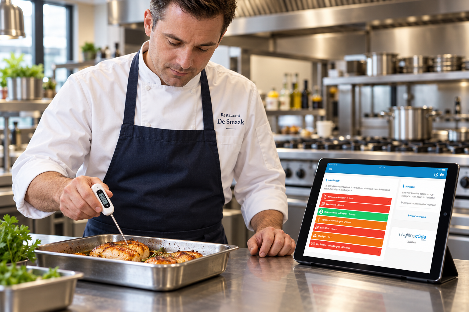 Kok controleert een bereiding met HygiëneCode Online op een tablet in de keuken