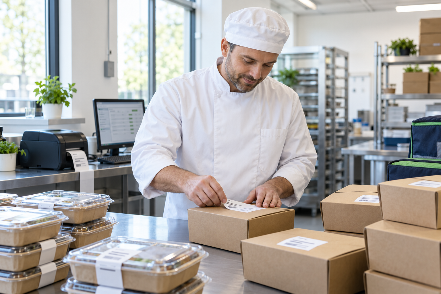 Medewerker brengt een geprint etiket aan op een verpakte bestelling