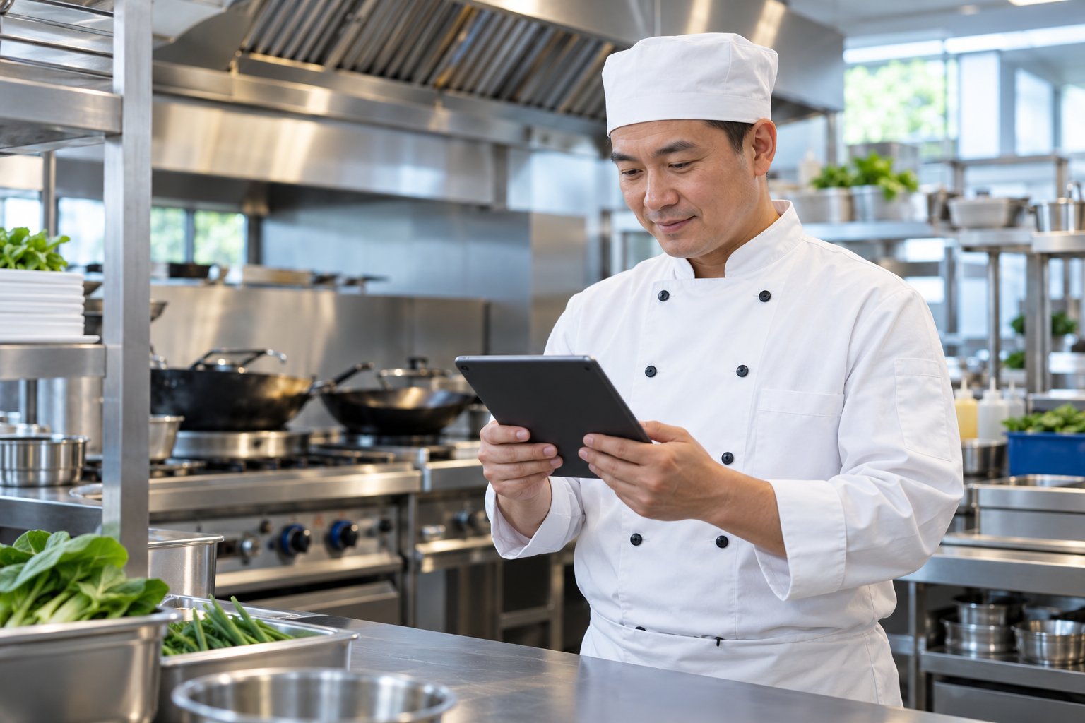 Chinese restauranthouder gebruikt een tablet in zijn professionele keuken