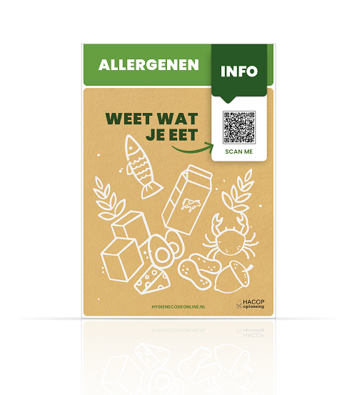 Allergenen-info-bord van HygiëneCode Online met QR-code en de tekst Weet wat je eet
